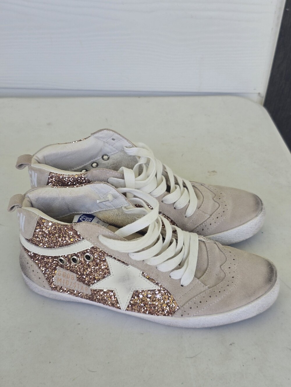 Golden Goose Mid Star Beige Suede Rose Gold Glitter Sneakers EU 42 US 12